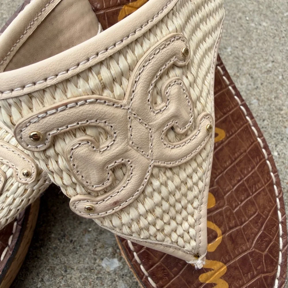 Sam Edelman Ruth Cream Woven Cork Wedge Platform Thong Sandals Womens 9 M EU 40